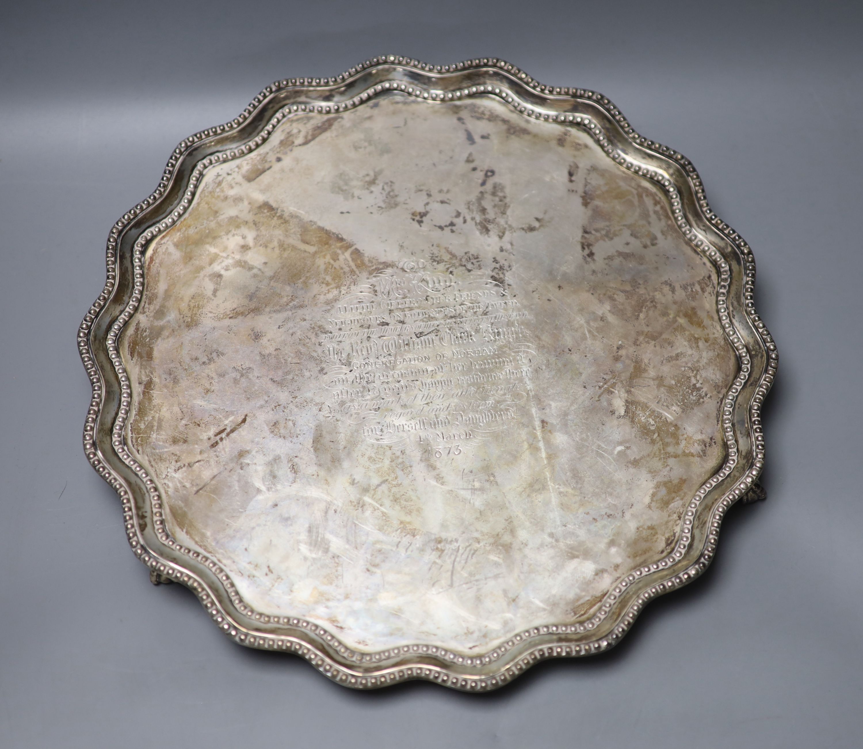 A Victorian silver salver, with engraved inscription, Robert Garrard II, London, 1869, 31.1cm, 27oz.